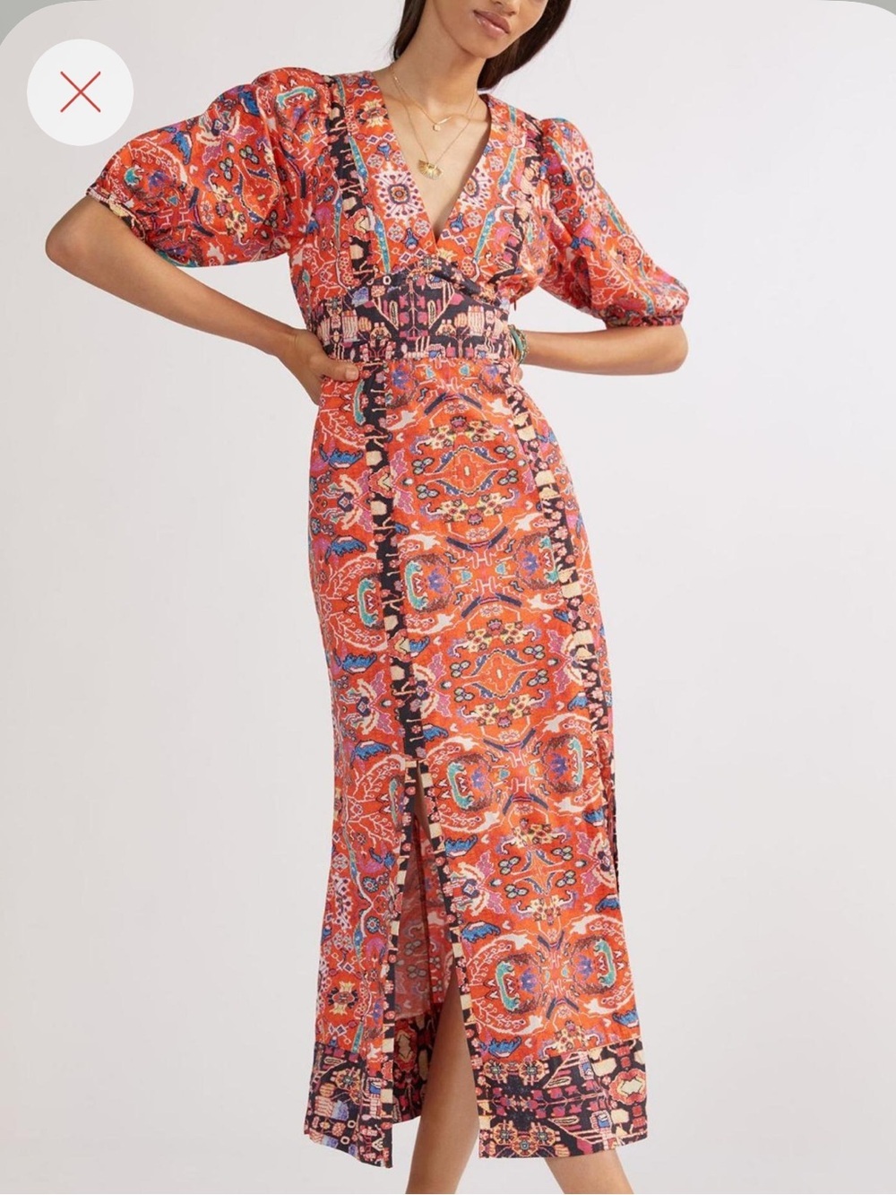 Anthropologie Orange and Red Puff Sleeve Maxi Dress Size 2 Boho